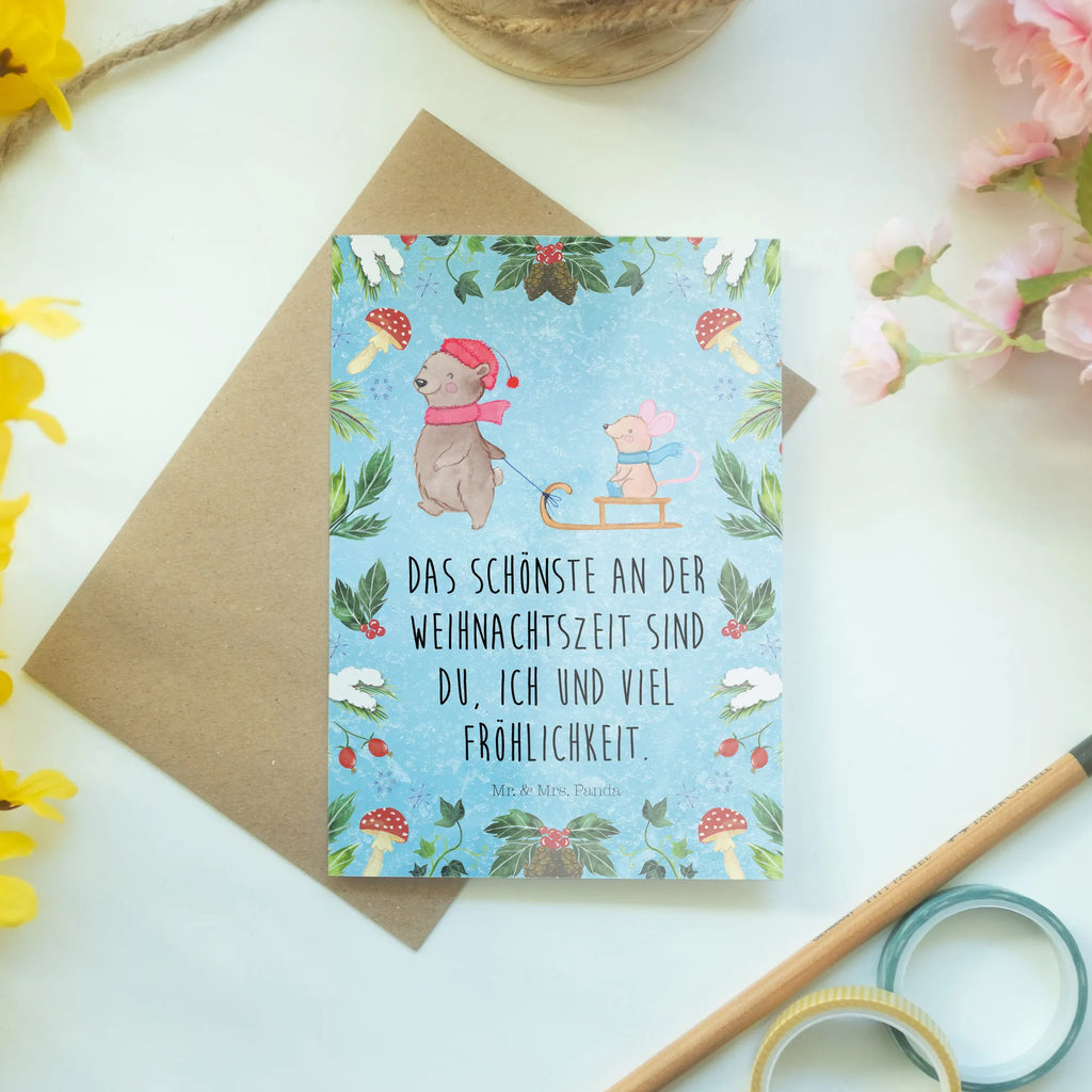 Kartka okolicznościowa Niedźwiedź i Mysz sanie Ansichtskarten, Geburtstagskarte, Klappkarte, Einladungskarte, Grußkarte, Karte, Glückwunschkarte, Hochzeitskarte, Winter, Weihnachten, Weihnachtsdeko, Nikolaus, Advent, Heiligabend, Wintermotiv
