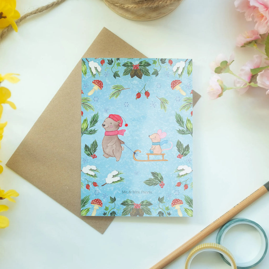 Kartka okolicznościowa Niedźwiedź i Mysz sanie Ansichtskarten, Geburtstagskarte, Klappkarte, Einladungskarte, Grußkarte, Karte, Glückwunschkarte, Hochzeitskarte, Winter, Weihnachten, Weihnachtsdeko, Nikolaus, Advent, Heiligabend, Wintermotiv