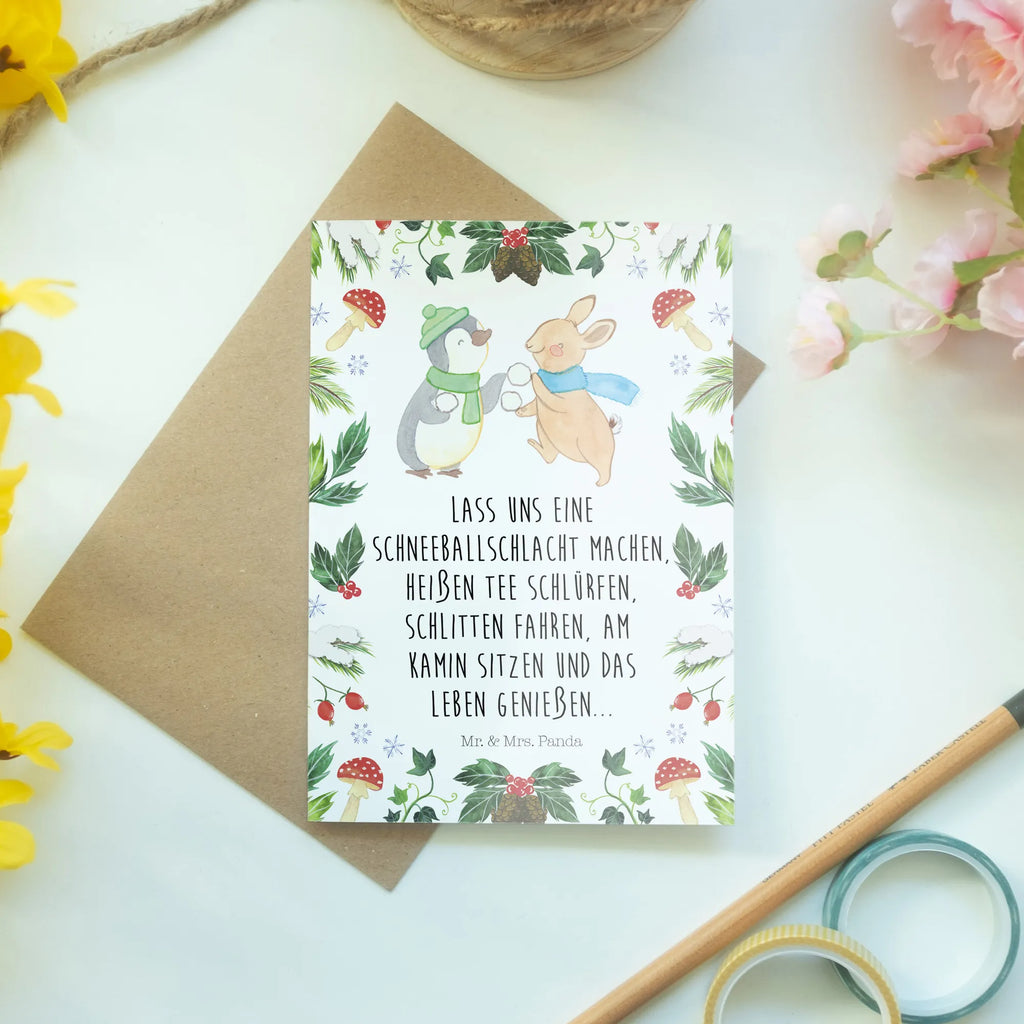 Kartka okolicznościowa Pingwin królik Bitwa na śnieżki Glückwunschkarte, Grußkarte, Hochzeitskarte, Klappkarte, Einladungskarte, Geburtstagskarte, Karte, Ansichtskarten, Winter, Weihnachten, Weihnachtsdeko, Nikolaus, Advent, Heiligabend, Wintermotiv