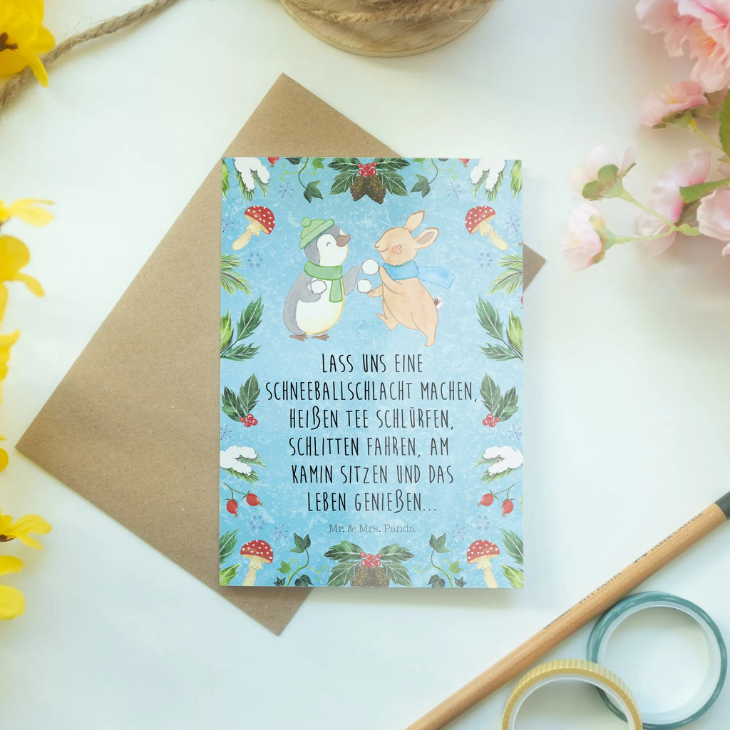 Kartka okolicznościowa Pingwin królik Bitwa na śnieżki Glückwunschkarte, Grußkarte, Hochzeitskarte, Klappkarte, Einladungskarte, Geburtstagskarte, Karte, Ansichtskarten, Winter, Weihnachten, Weihnachtsdeko, Nikolaus, Advent, Heiligabend, Wintermotiv