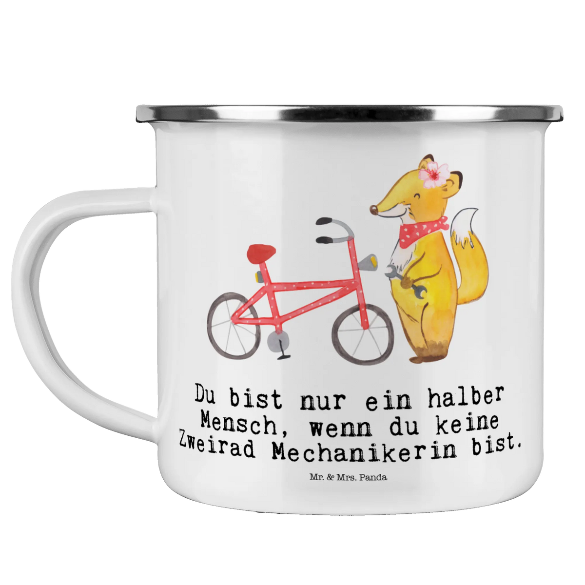 Kempingowy kubek emaliowany Mechaniczka rowerowa serce Zawód, Wykształcenie, Jubileusz, Pożegnanie, Emerytura, Kolega, Koleżanka, Prezent, Dawać, Pracownik, Współpracownik, Firma, Dziękuję, Dziękuję bardzo