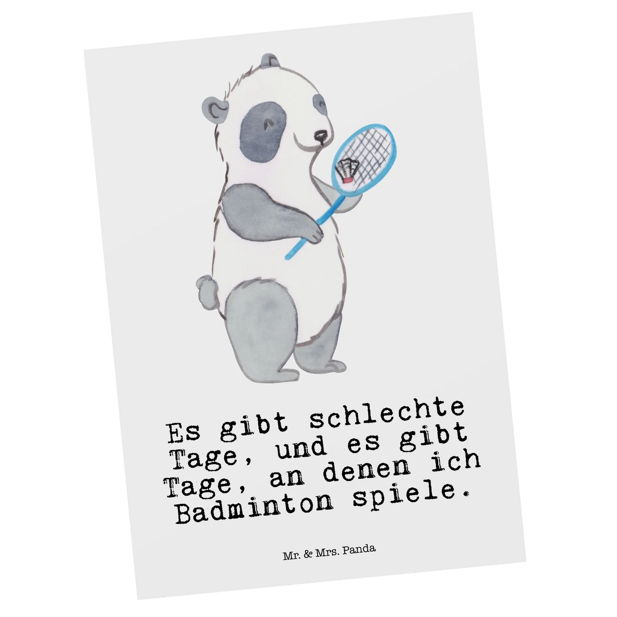 Postkarte Panda Badminton Ansichtskarten, Einzelkarte, Kunstkarte, Bildkarte, Postkarte, Designkarte, Kunstkarten, Ansichtskarte, Grußkarte, Postkarten, Motivkarte, Spruchkarte, Fotokarte, Geschenk, Schenken, Sport, Sportart, Hobby, Danke, Dankeschön, Auszeichnung, Gewinn, Sportler, Badminton, Badminton spielen