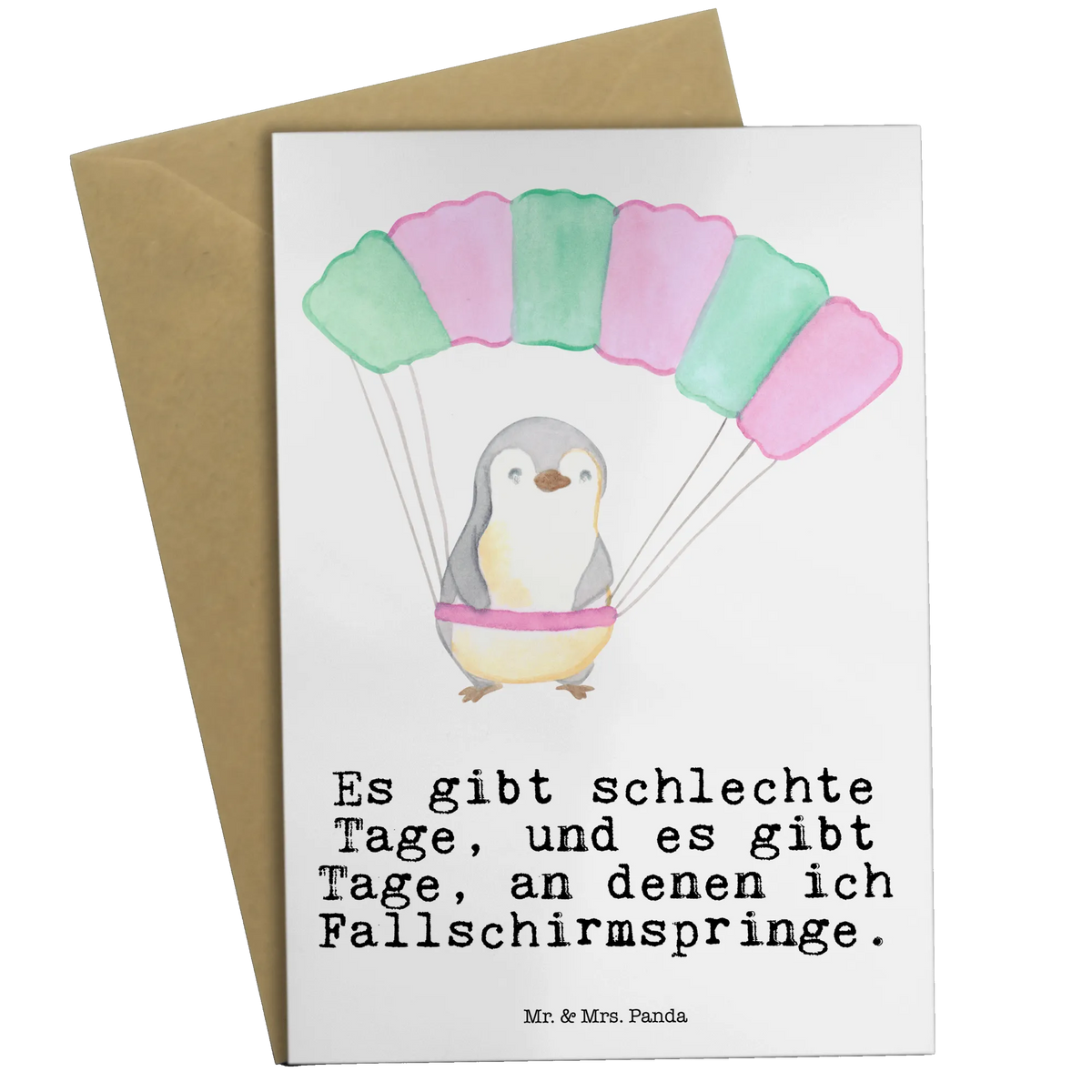 Greetings card penguin parachute jump Gift, giving, thank you, award, profit, athlete, parachute jump, Skydiving