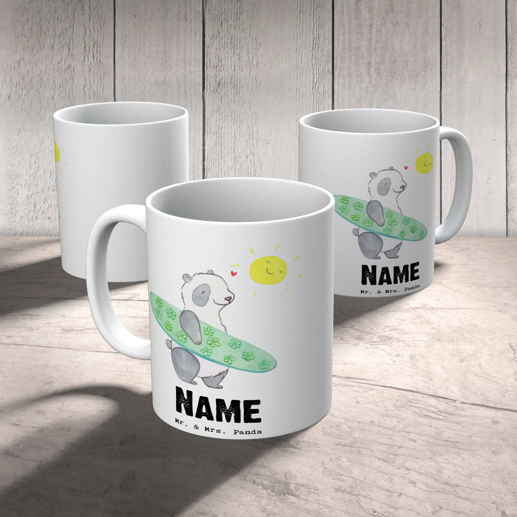 Personalisierte Tasse Panda Surfen Tasse, Namenstasse, Personalisierte Tasse, Personalisiert, Namen, Drucken, Wunschname, Tasse mit Namen, Geschenk, Schenken, Sport, Sportart, Hobby, Danke, Dankeschön, Auszeichnung, Gewinn, Sportler, Wellenreiten, Surfschule, Surfen