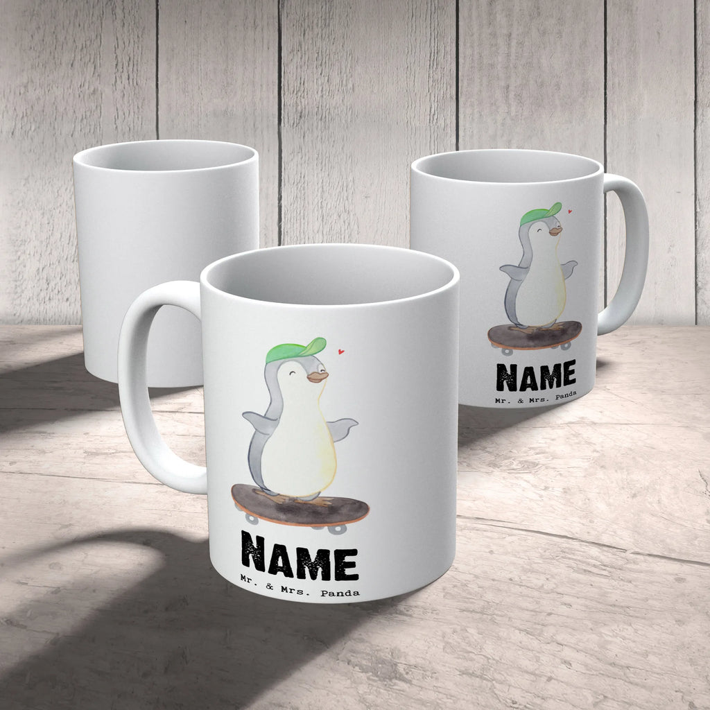 Personalisierte Tasse Pinguin Skateboarden Tasse mit Namen, Tasse, Namen, Namenstasse, Personalisiert, Wunschname, Drucken, Personalisierte Tasse, Geschenk, Sport, Sportart, Hobby, Schenken, Danke, Dankeschön, Auszeichnung, Gewinn, Sportler, Skateplatz, Skaten, Skateboard fahren, Skateboard, Skateboarden