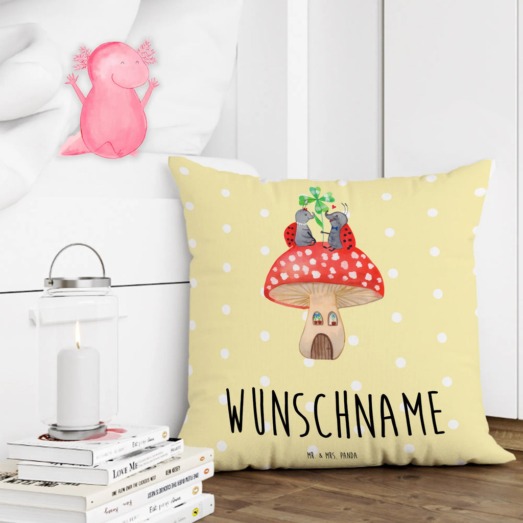Personalised cushion ladybug toadstool small animals, cute, funny, cute animal motives, hand drawn, small world, funny sayings, good mood, happy, gifts, gift ideas, special gifts, animal lover, card, house, house of fleshy fungi, toadstool, ladybird, flat, at home