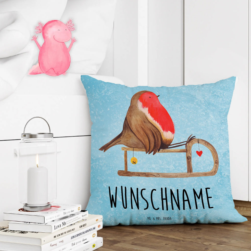 Personalised cushion robin Sleds Winter, Christmas, Christmas time, snow, bird, sleigh