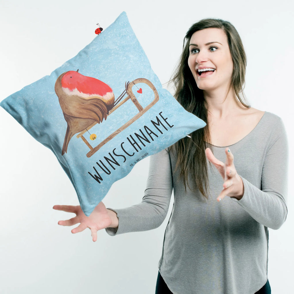 Personalised cushion robin Sleds Winter, Christmas, Christmas time, snow, bird, sleigh