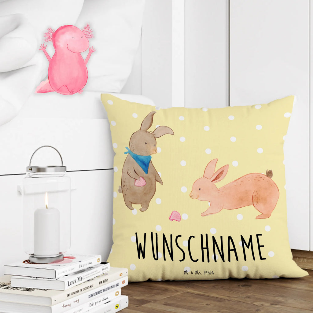 Personalised cushion Bunnies with seashell Kopfkissen, Name, personalisiert, bedrucken, Kissen, Wunschname, Familie, Vatertag, Muttertag, Bruder, Schwester, Mama, Papa, Oma, Opa, Muscheln, Freundin, Muscheln sammeln, best friends, Meer, Freundinnen, beste Freundin, Hasen, BFF