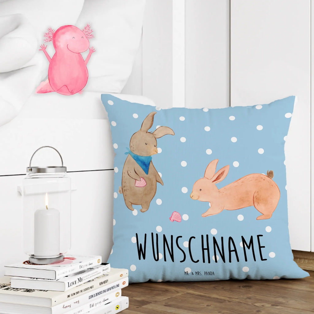 Personalised cushion Bunnies with seashell Kopfkissen, Name, personalisiert, bedrucken, Kissen, Wunschname, Familie, Vatertag, Muttertag, Bruder, Schwester, Mama, Papa, Oma, Opa, Muscheln, Freundin, Muscheln sammeln, best friends, Meer, Freundinnen, beste Freundin, Hasen, BFF