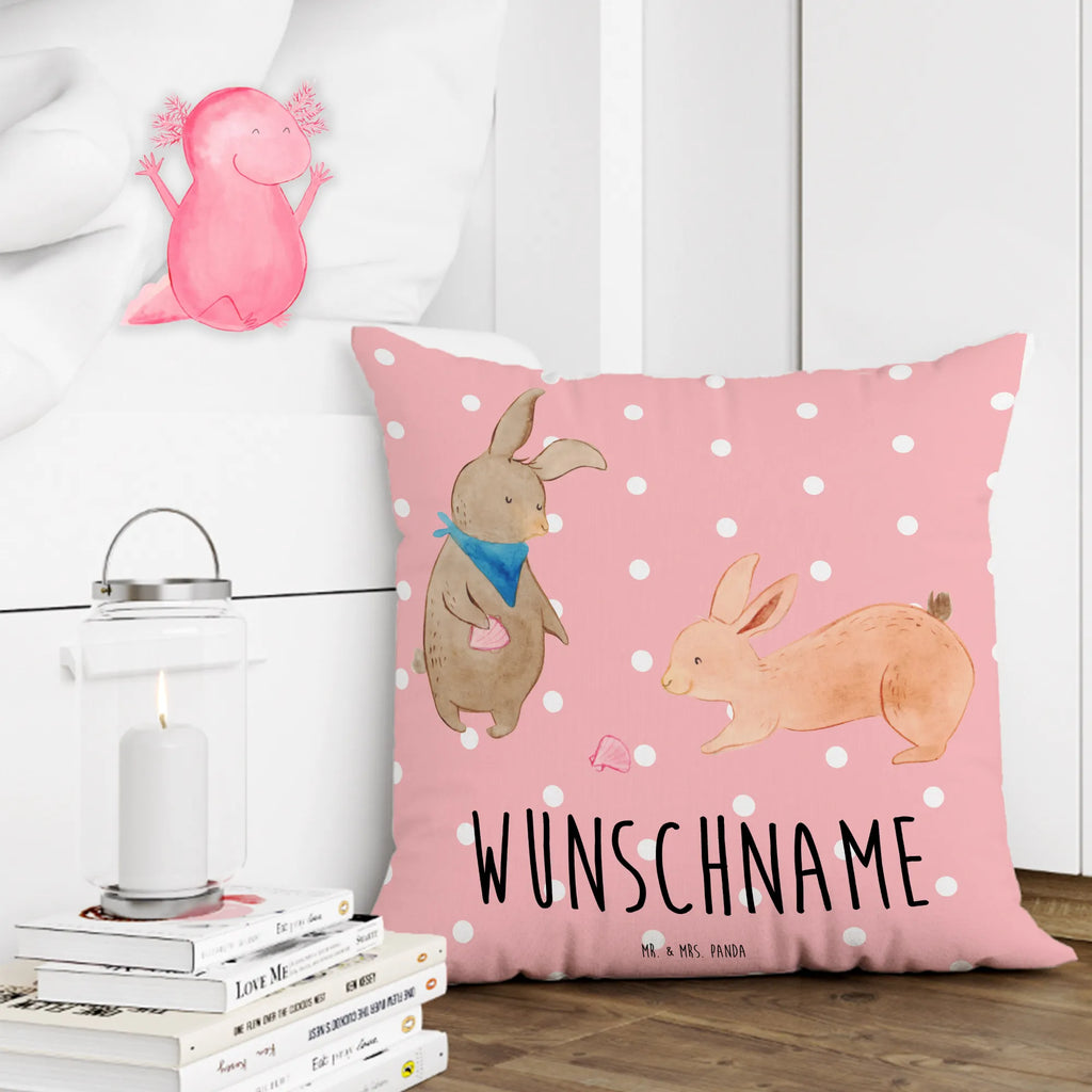 Personalised cushion Bunnies with seashell Kopfkissen, Name, personalisiert, bedrucken, Kissen, Wunschname, Familie, Vatertag, Muttertag, Bruder, Schwester, Mama, Papa, Oma, Opa, Muscheln, Freundin, Muscheln sammeln, best friends, Meer, Freundinnen, beste Freundin, Hasen, BFF