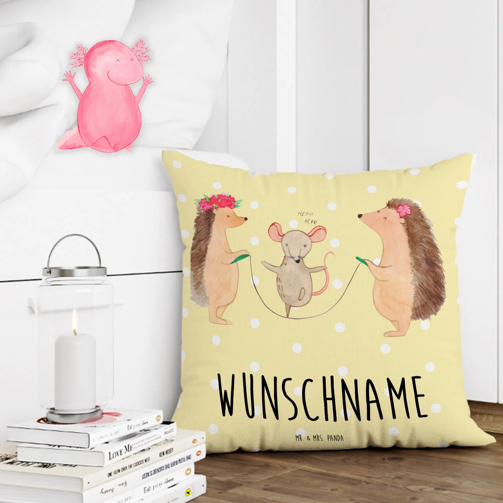 Personalised cushion Hedgehog skipping small animals, cute, funny, cute animal motives, hand drawn, small world, funny sayings, good mood, happy, gifts, gift ideas, special gifts, animal lover, card, hedgehog, rope skipping, children, mouse, kindergarten