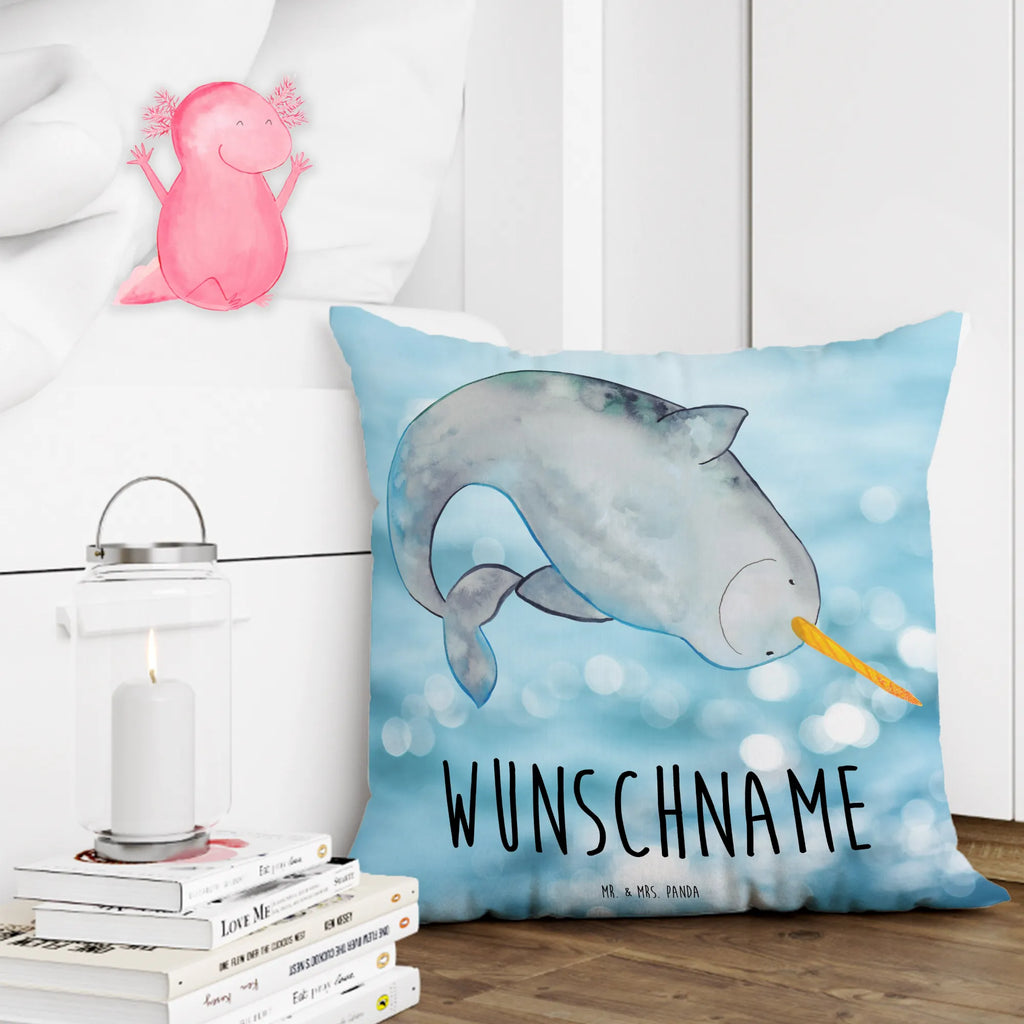 Personalised cushion Narwhal Seafood, aquatic animals, ocean, sea, fish, shells, corals, reef, whale, narwhal, sea urchin, lobster, platypus, turtle, manatee, crocodile, orca, shrimp, gifts for seafood lovers, water world, underwater animals, underwater world, vacation, deep sea, seafood fans, gift ideas, seafood decoration, seafood posters, nursery, housewife, cleaning up, cleaning, Narwhal, bachelorette