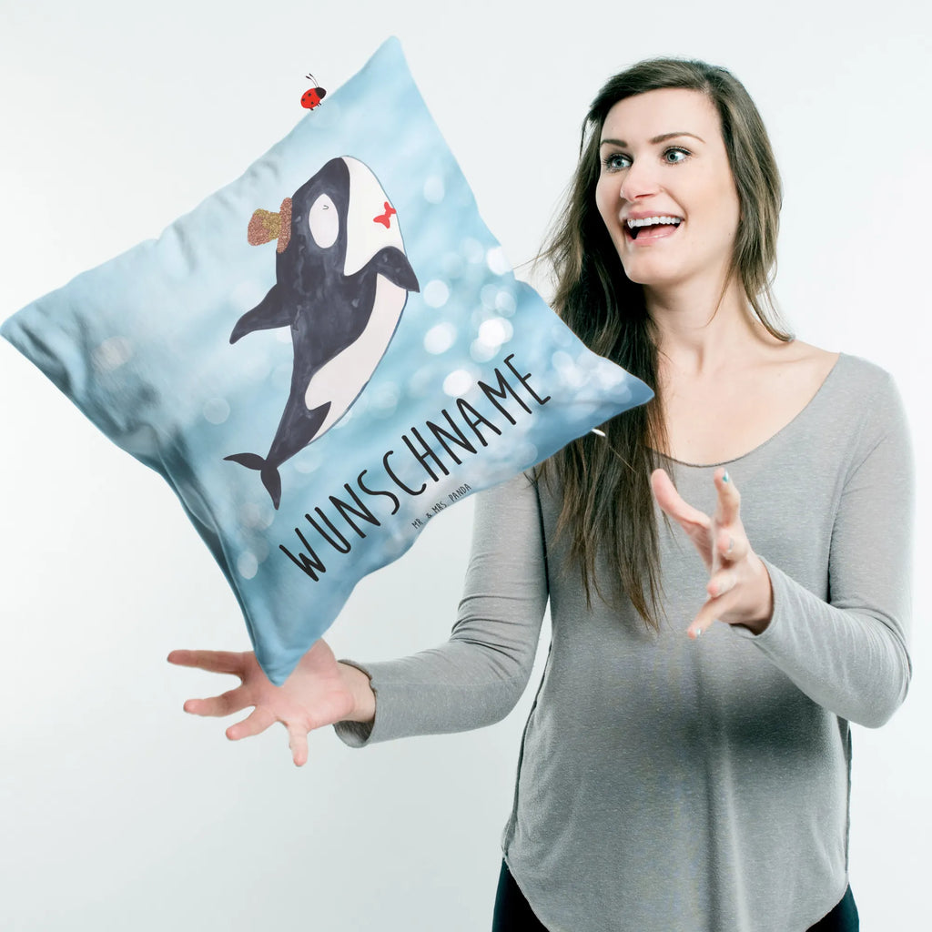 Personalised cushion orca cylinder Seafood, aquatic animals, ocean, sea, fish, shells, corals, reef, whale, narwhal, sea urchin, lobster, platypus, turtle, manatee, crocodile, orca, shrimp, gifts for seafood lovers, water world, underwater animals, underwater world, vacation, deep sea, seafood fans, gift ideas, seafood decoration, seafood posters, confetti, party, glitter, celebration, birthday, congratulations, feast