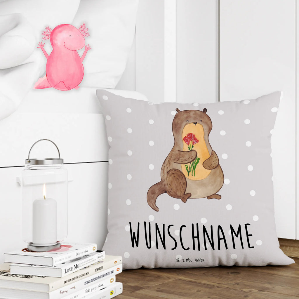 Personalisiertes Kissen Otter Blumenstrauß Kissen, Wunschname, bedrucken, Kopfkissen, Name, personalisiert, Otter, Fischotter, Seeotter, Otter Seeotter See Otter