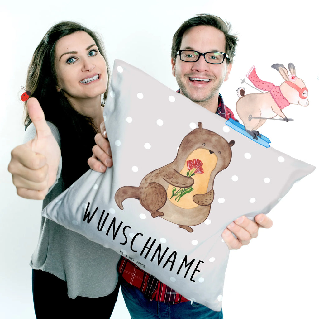 Personalisiertes Kissen Otter Blumenstrauß Kissen, Wunschname, bedrucken, Kopfkissen, Name, personalisiert, Otter, Fischotter, Seeotter, Otter Seeotter See Otter