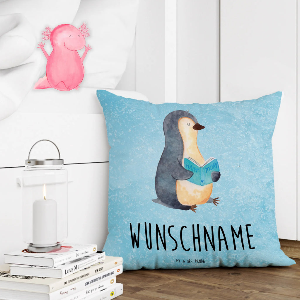 Personalised cushion Penguin A book Penguin, North Pole, Winter, Penguins, vacation, doing nothing, holidays, lazing around, bookworm, leisure, book, reading, penguins