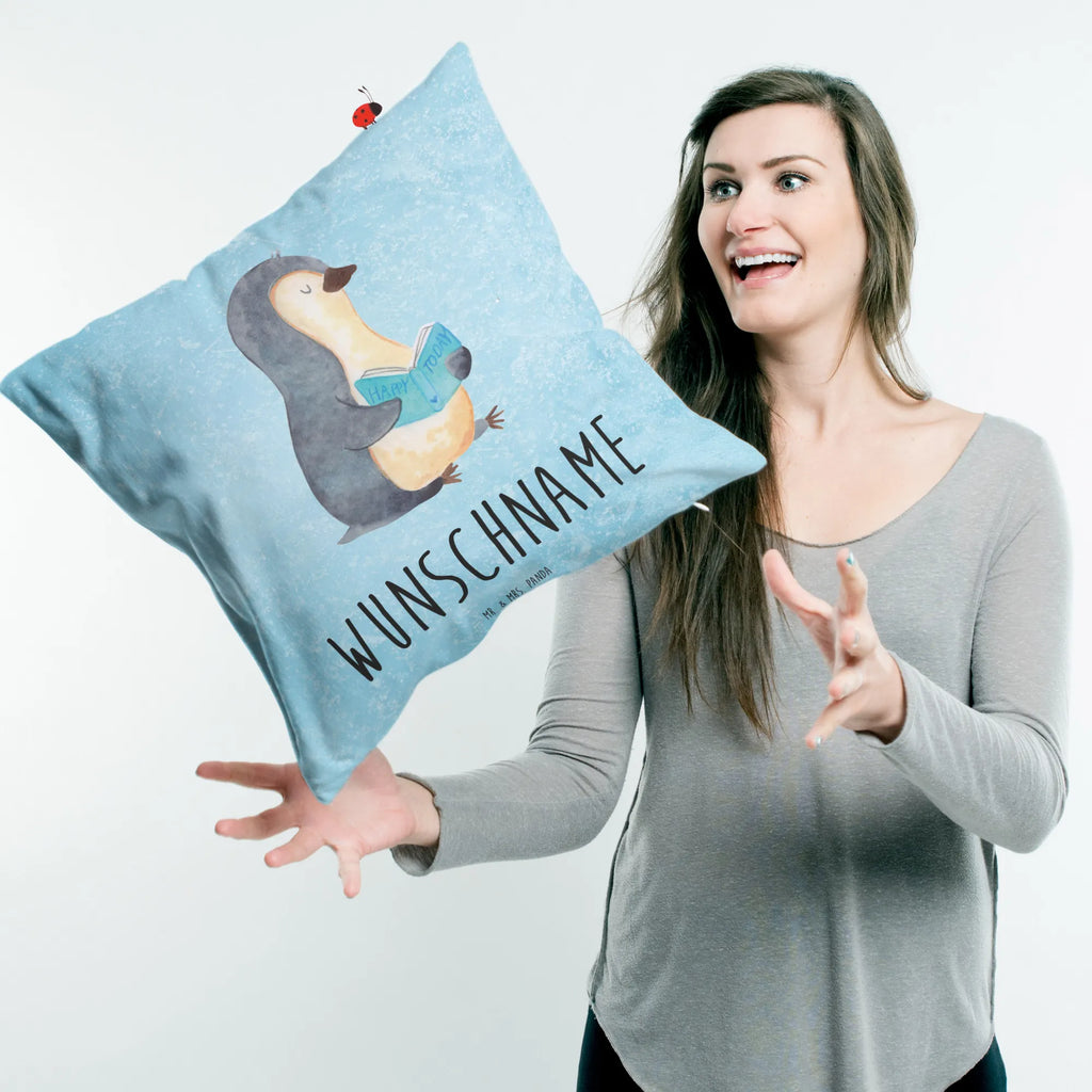 Personalised cushion Penguin A book Penguin, North Pole, Winter, Penguins, vacation, doing nothing, holidays, lazing around, bookworm, leisure, book, reading, penguins