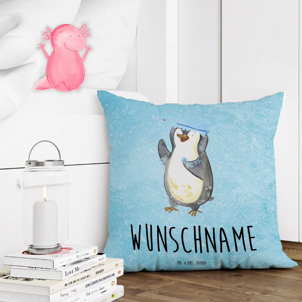 Personalised cushion Penguin have a shower Penguin, North Pole, Winter, Penguins, penguins, new beginning, life motto, shower, new start, motivation, being happy