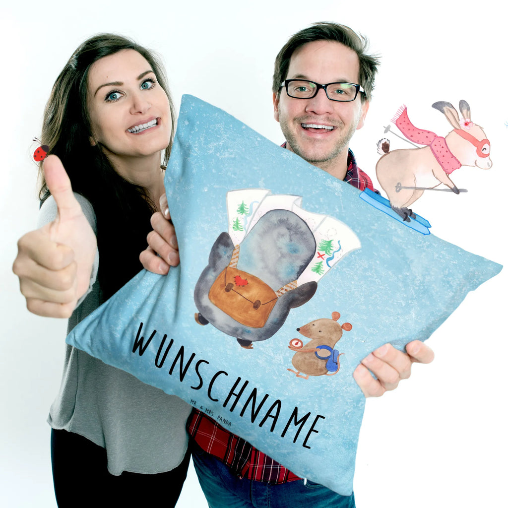 Personalised cushion Penguin & Mouse Hiker Penguin, North Pole, Winter, Penguins, adventurer, excursion, penguins, hiking, road trip, penguin, adventure, wanderlust