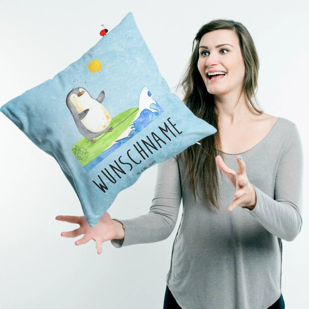 Personalised cushion Penguin surfer Penguin, North Pole, Winter, Penguins, waves, holidays, Hawaii, surfers, wave riding, Portugal, surfing, penguins