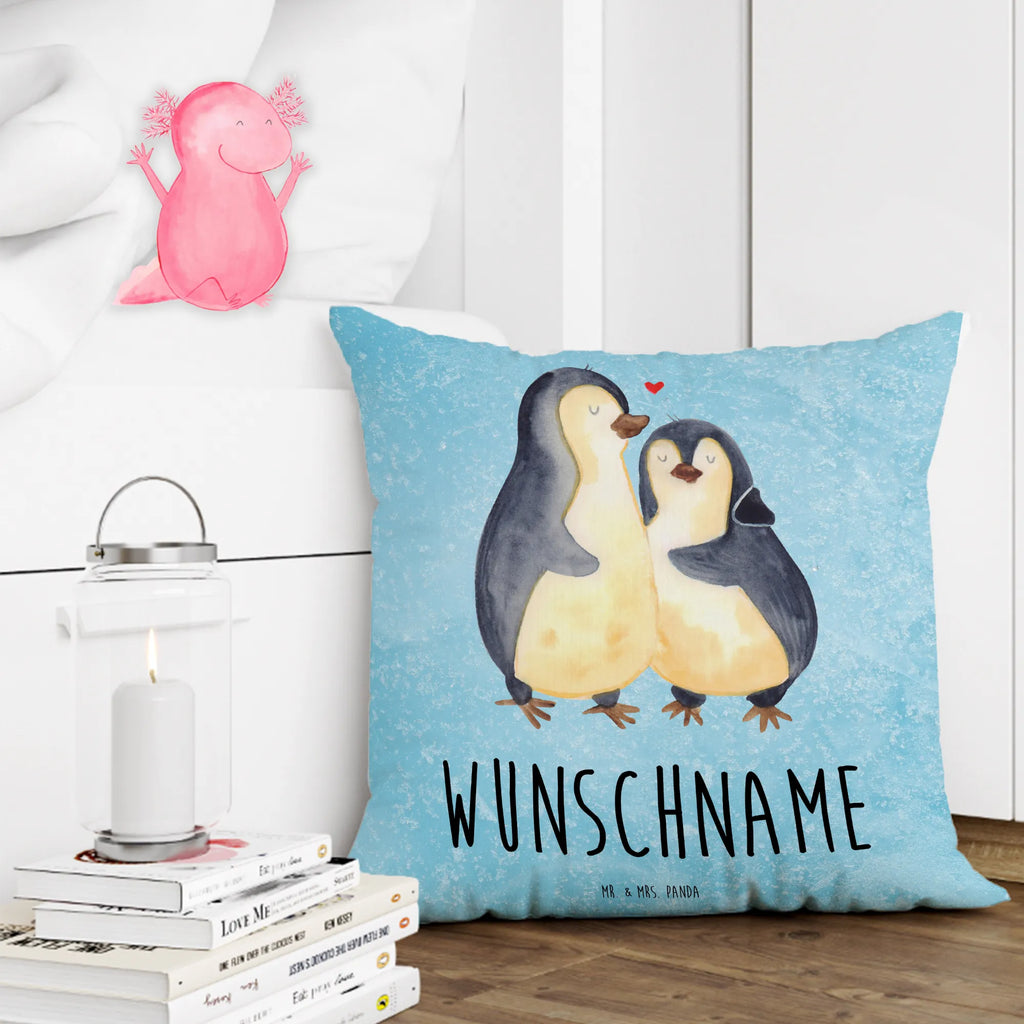 Personalisiertes Kissen Pinguin umarmend Wunschname, bedrucken, personalisiert, Kissen, Kopfkissen, Name, Pinguin, Hochzeit, Jahrestag, Hochzeitstag, Liebe, Liebespaar, Verlobung, Liebesbeweis, Hochzeitsgeschenk, Liebesgeschenk