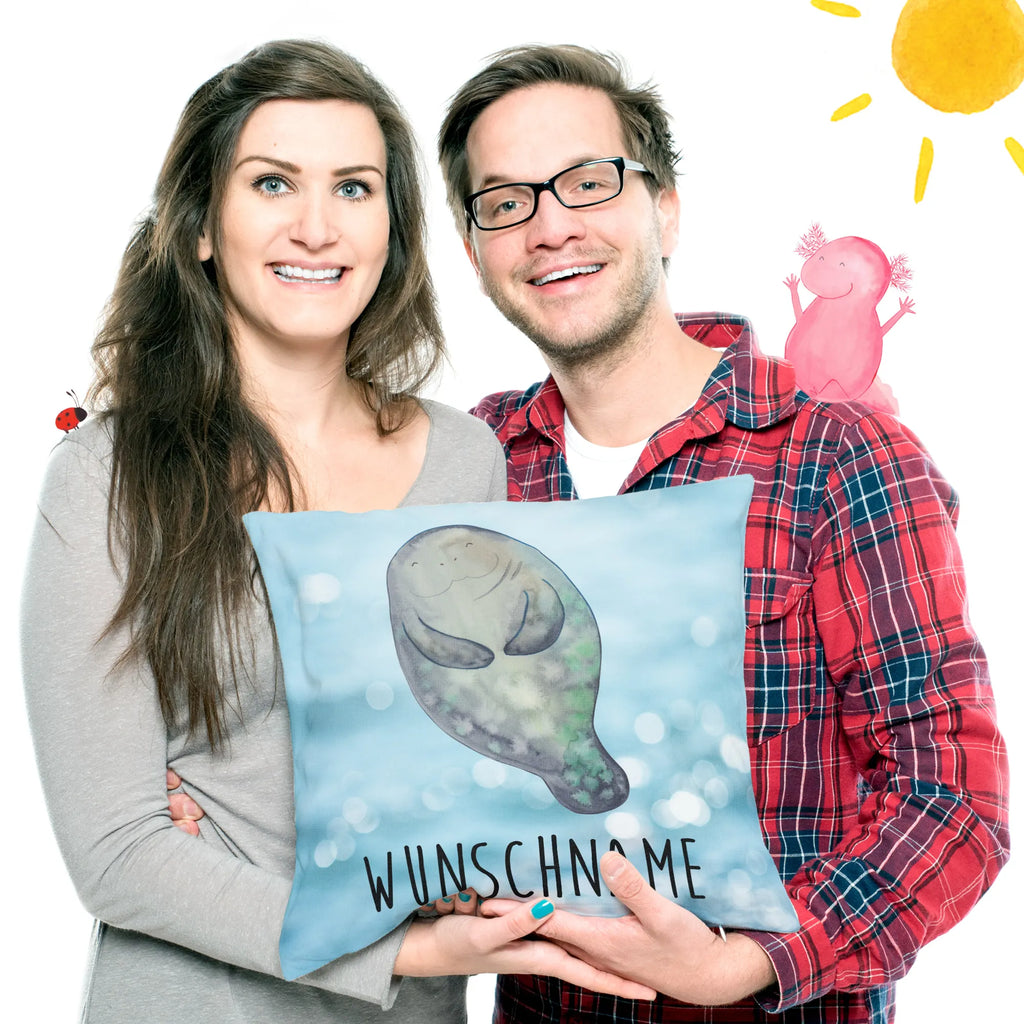 Personalised cushion manatee happy Seafood, aquatic animals, ocean, sea, fish, shells, corals, reef, whale, narwhal, sea urchin, lobster, platypus, turtle, manatee, crocodile, orca, shrimp, gifts for seafood lovers, water world, underwater animals, underwater world, vacation, deep sea, seafood fans, gift ideas, seafood decoration, seafood posters, Manatees, Girlfriend, Satisfaction, New beginning, Lovesickness, Carefulness, Respect, Self-love, Manatee, New start