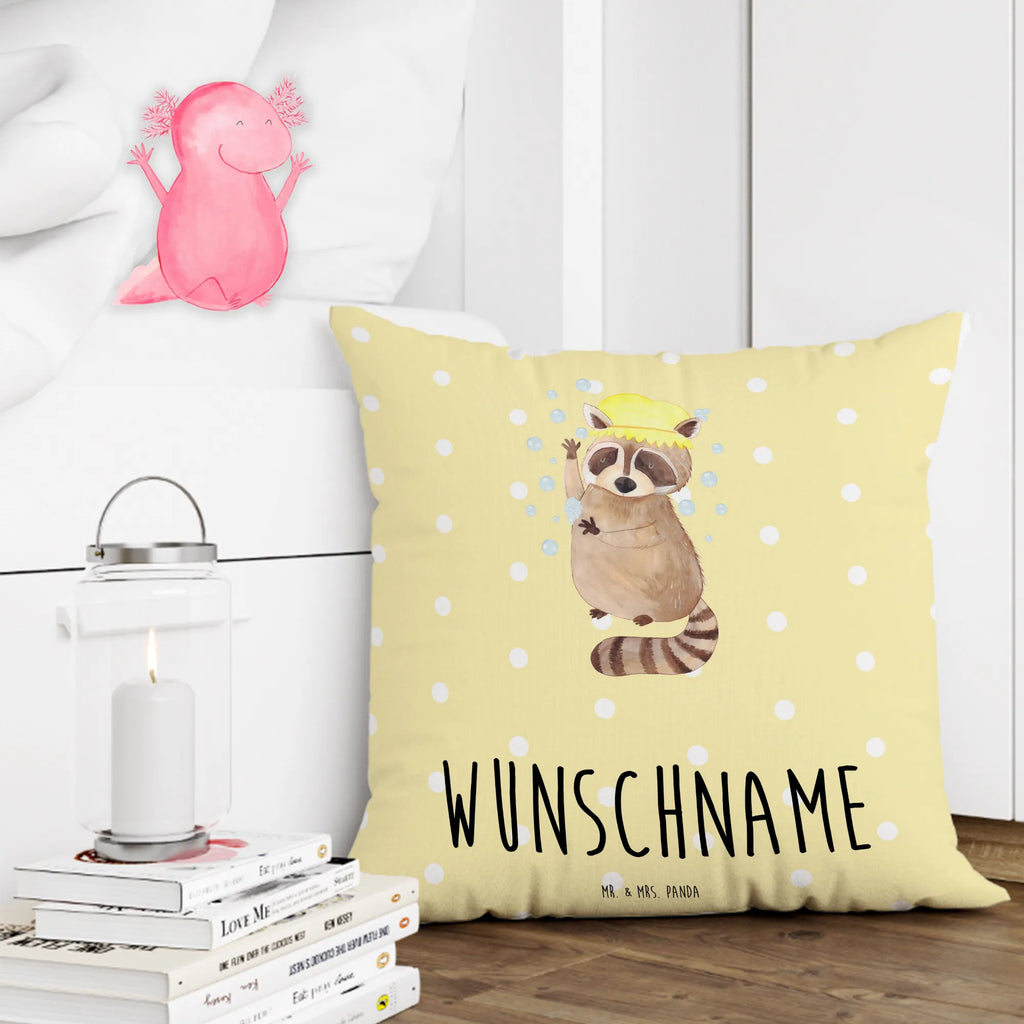 Personalisiertes Kissen Waschbär Kopfkissen, Kissen, bedrucken, Wunschname, Name, personalisiert, Tiermotive, Gute Laune, lustige Sprüche, Tiere, Seifenblasen, Waschbär, waschen, Fröhlich, Plan, Tagträumen