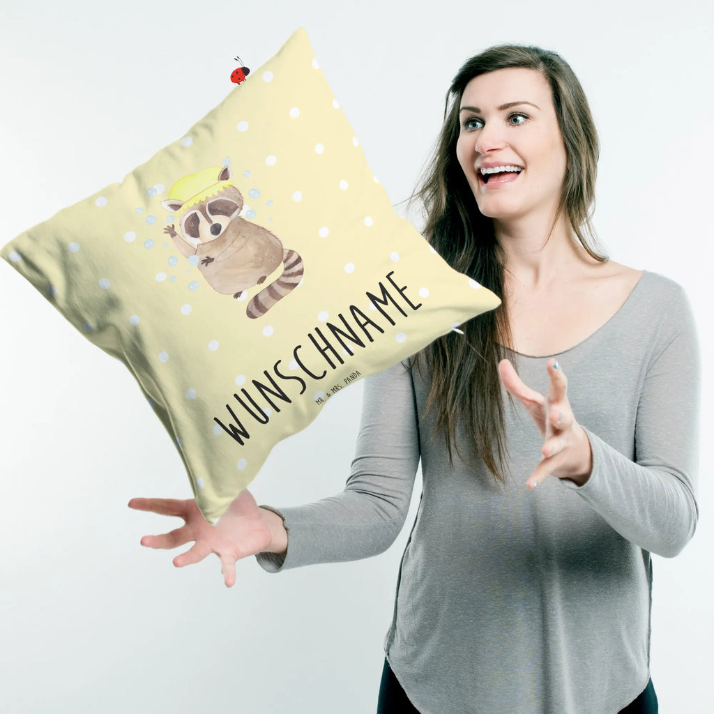 Personalisiertes Kissen Waschbär Kopfkissen, Kissen, bedrucken, Wunschname, Name, personalisiert, Tiermotive, Gute Laune, lustige Sprüche, Tiere, Seifenblasen, Waschbär, waschen, Fröhlich, Plan, Tagträumen