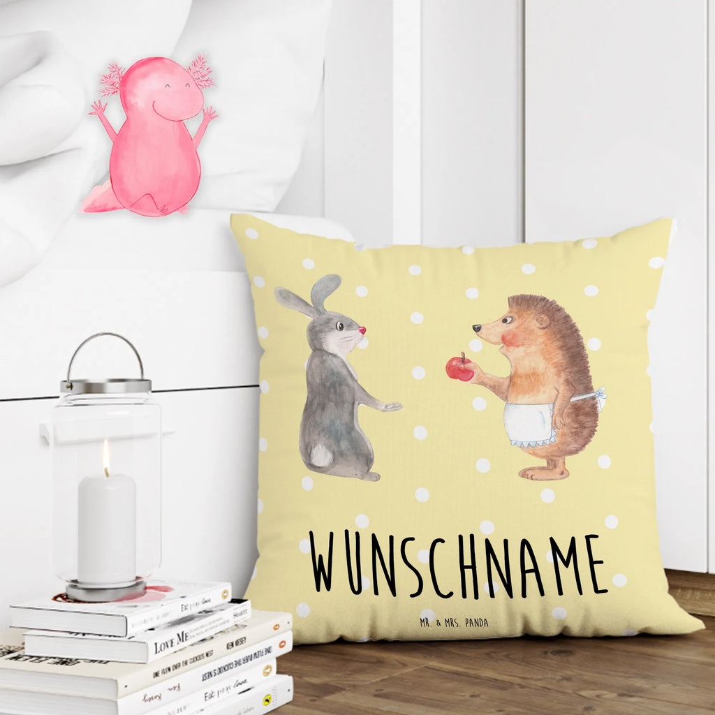 Personalised cushion Hare Hedgehog small animals, cute, funny, cute animal motives, hand drawn, small world, funny sayings, good mood, happy, gifts, gift ideas, special gifts, animal lover, card, lovesickness gift, hare, love saying, consolation, romantic saying, heartache, Hedgehog, pain of separation, Hedgehog and hare