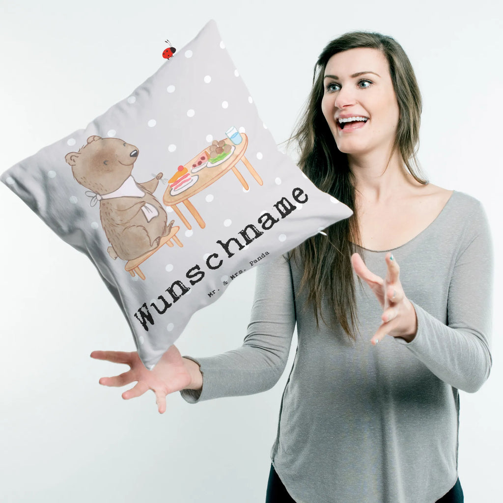 Personalised cushion bear to eat out Gift, sport, hobby, giving, thank you, award, profit, athlete, eating out, dining out, restaurant, Eating out