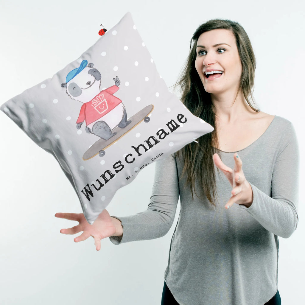 Personalised cushion panda ride a longboard Gift, sport, hobby, giving, thank you, award, profit, athlete, longboarding, skating