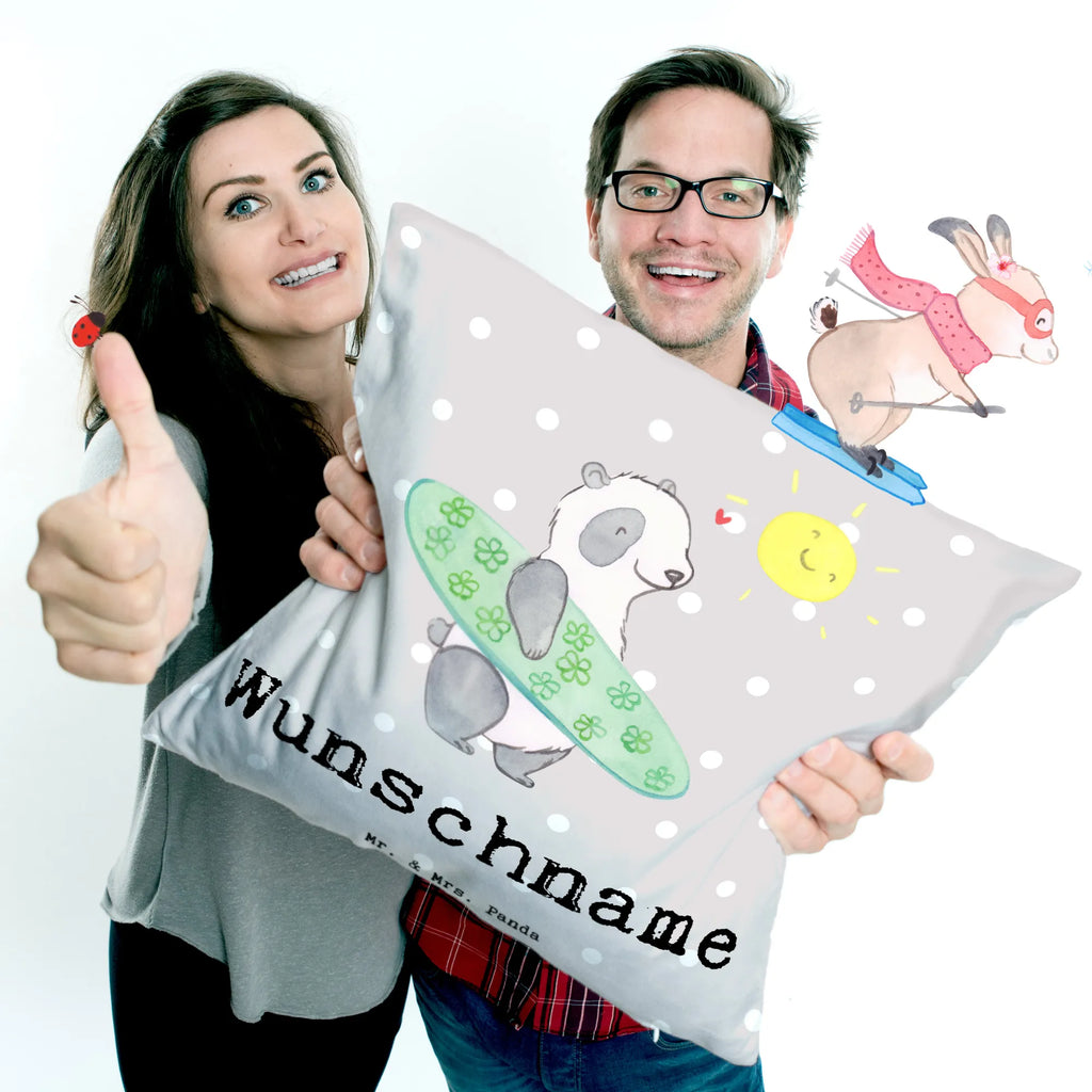 Personalised cushion panda surfing Gift, sport, hobby, giving, thank you, award, profit, athlete, Surfing, surf school, surfing