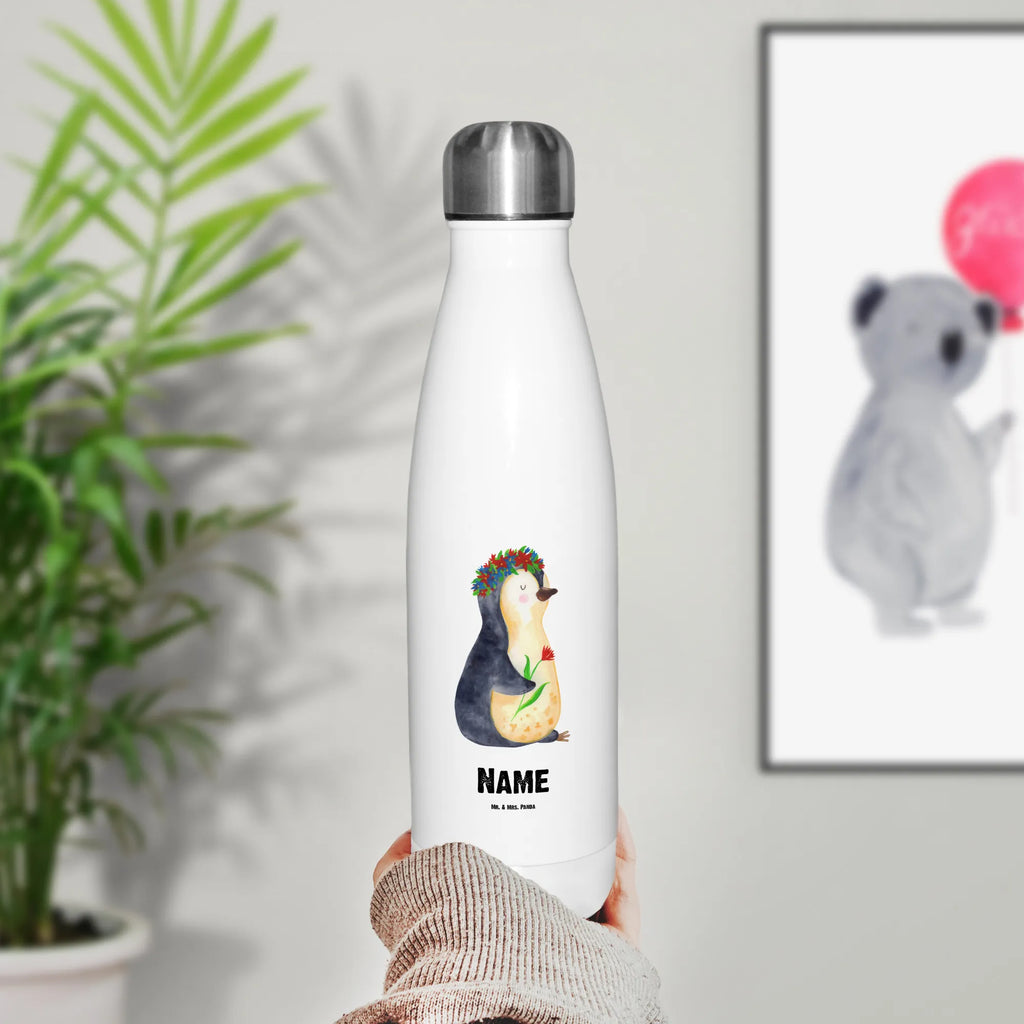 Personalised insulated bottle Penguin Flower Penguin, North Pole, Winter, Penguins, universe, wishes, lovesickness, goals, penguins, motivation, goals in life, gift idea, wreath of flowers, life, love of life