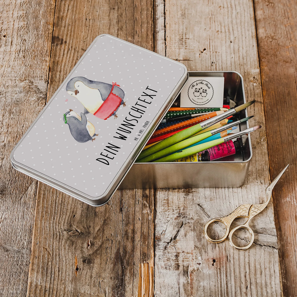 Spersonalizowana metalowa puszka Pingwin z dzieckiem Rodzina, Dzień Ojca, Dzień Matki, brat, siostra, mama, tata, babcia, dziadek