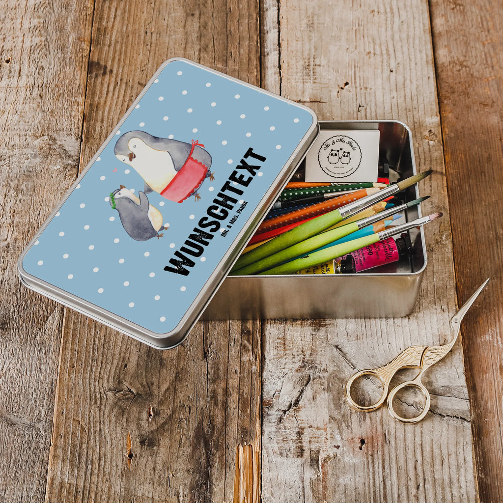 Spersonalizowana metalowa puszka Pingwin z dzieckiem Rodzina, Dzień Ojca, Dzień Matki, brat, siostra, mama, tata, babcia, dziadek