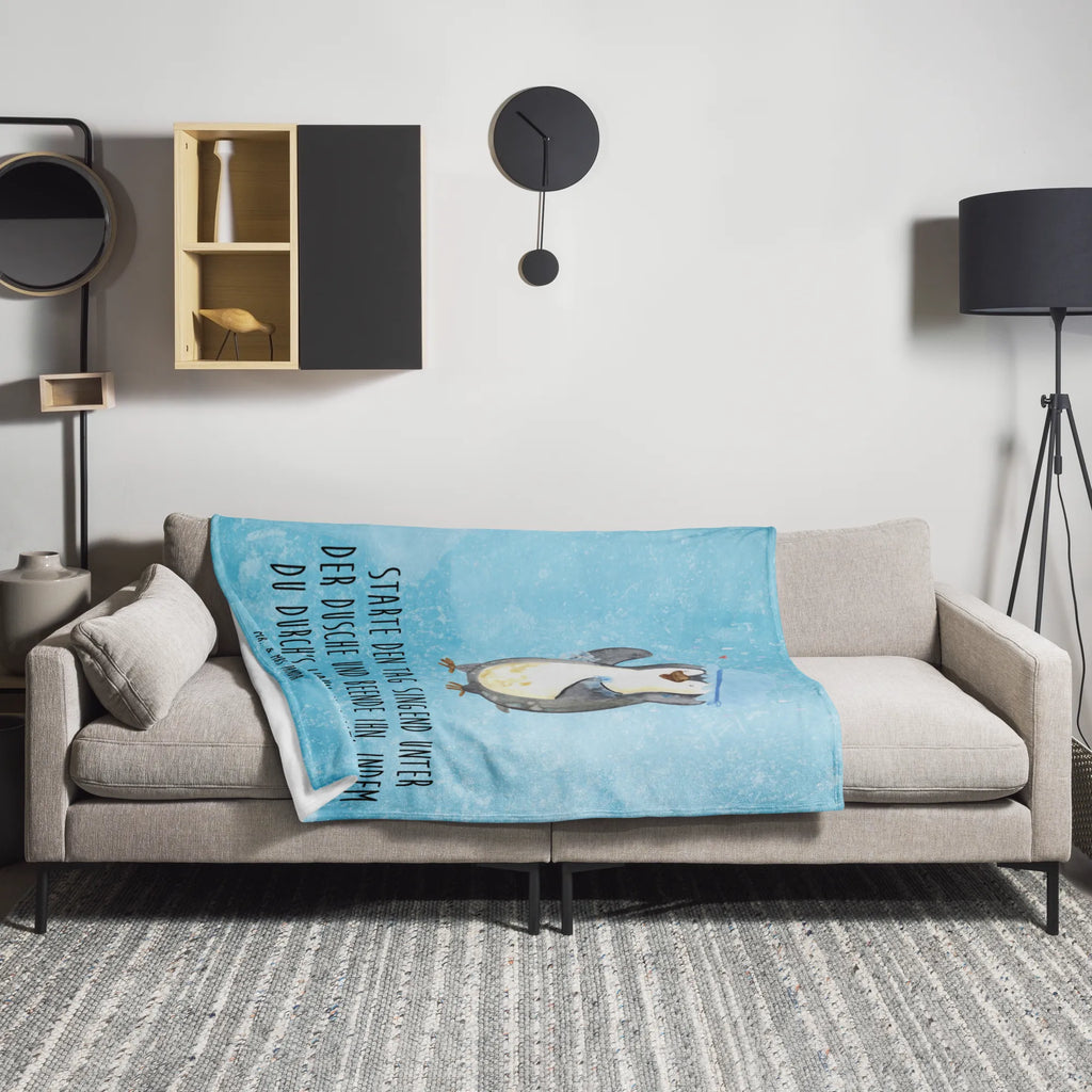 Koc Pingwin Prysznic Tagesdecke, Wolldecke, Wohndecke, Sofadecke, Decke, Pinguin, Motivation, Neustart, duschen, Lebensmotto, Neuanfang, Pinguine, glücklich sein, Dusche