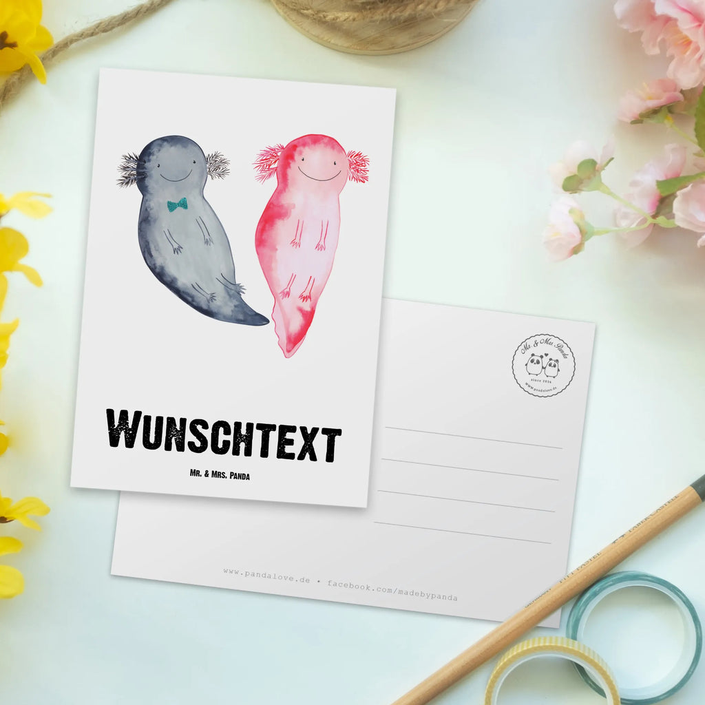 Personalisierte Postkarte Axolotl Axel+Lotte Postkarte mit Namen, Geschenkkarte mit Namen, Postkarte personalisierbar, Grußkarte mit Wunschtext, Grußkarte mit Namen, Geschenkkarte mit Wunschtext, Postkarte mit Wunschtext, Ansichtskarte mit Wunschtext, Karte mit Namen, Ansichtskarte mit Namen, Einladung mit Wunschtext, Postkarte bedrucken, Einladung mit Namen, Karte mit Wunschtext, Axolotl, Molch, Lurch, Lurche, Freund, Verlobter, Schwanzlurch, Valentinstag, Liebe, Jahrestag, große Liebe, Axolot, Liebesbeweis, Ehemann