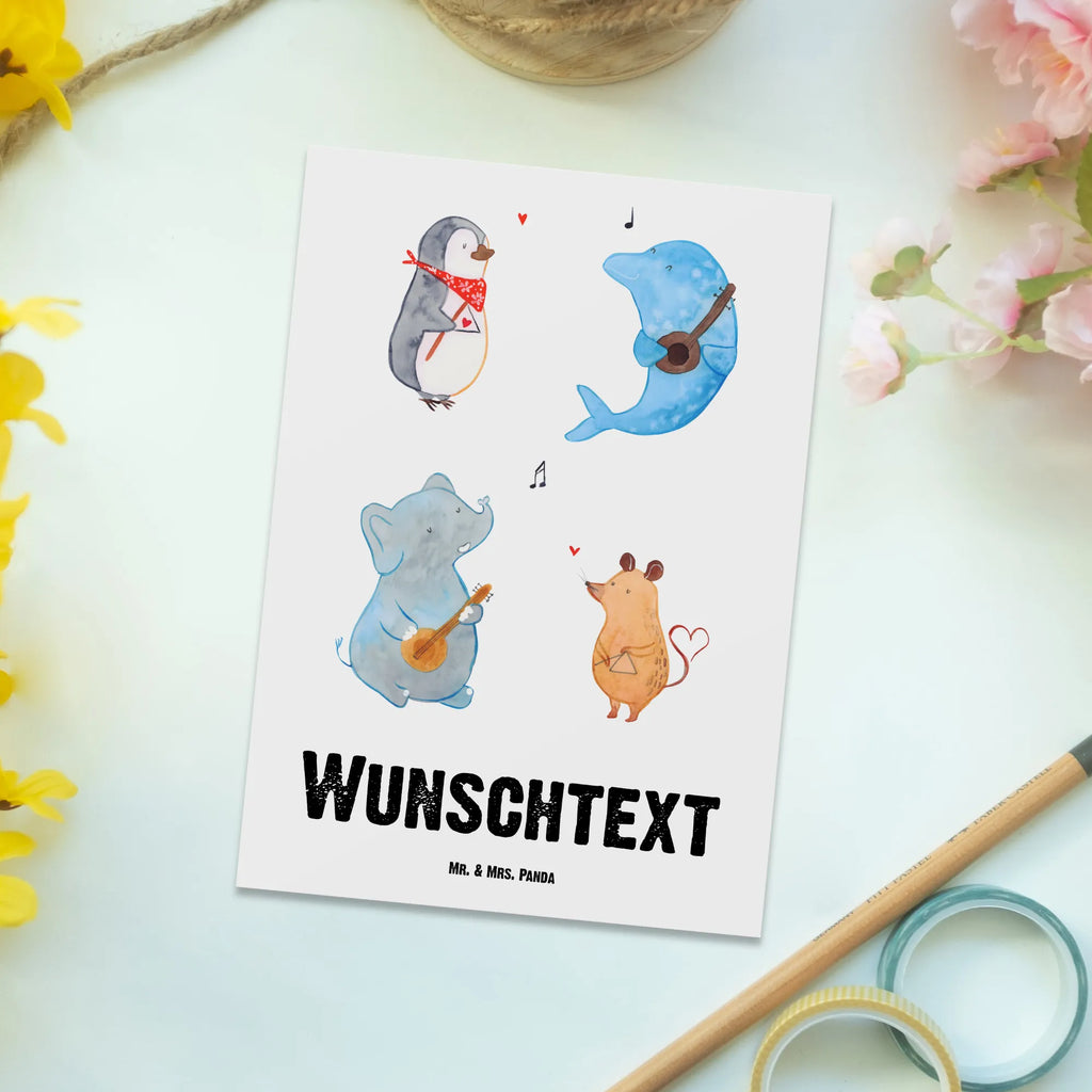 Personalised postcard Big tape small animals, cute, funny, cute animal motives, hand drawn, small world, funny sayings, good mood, happy, gifts, gift ideas, special gifts, animal lover, card, elephant, music, penguin, musicians, triangle, guitar, band, dog, dolphin, mouse