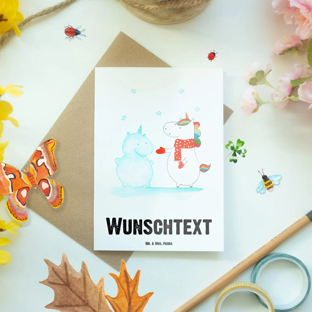 Personalised greetings card unicorn snowman unicorn, unicorns, Unicorn, Cake, present, Snow, Cap, Gloves, X-Mas, winter gift, Christmas, Cold, Christmas Motif, Snowman, Winter