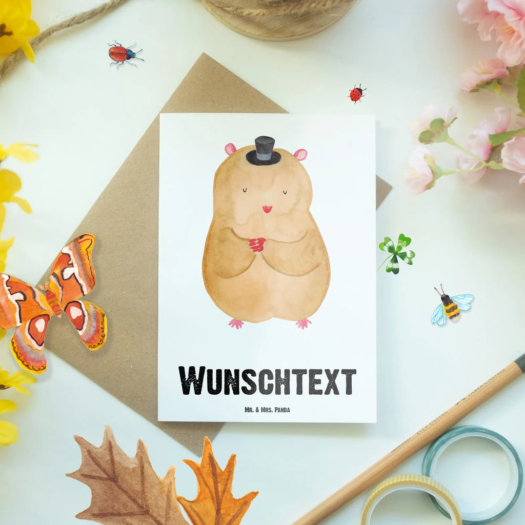 Personalised greetings card hamster cap small animals, cute, funny, cute animal motives, hand drawn, small world, funny sayings, good mood, happy, gifts, gift ideas, special gifts, animal lover, card, hat, Houdini, wizard, Hamster, top hat, magician, dwarf hamster