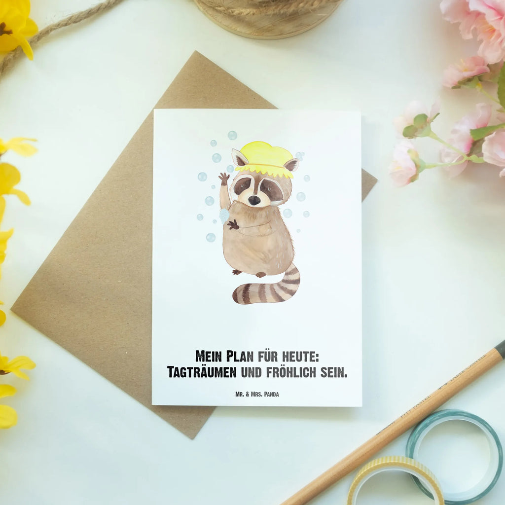 Personalised greetings card Raccoon small animals, cute, funny, cute animal motives, hand drawn, small world, funny sayings, good mood, happy, gifts, gift ideas, special gifts, animal lover, card, daydreaming, soap bubbles, raccoon, wash, plan