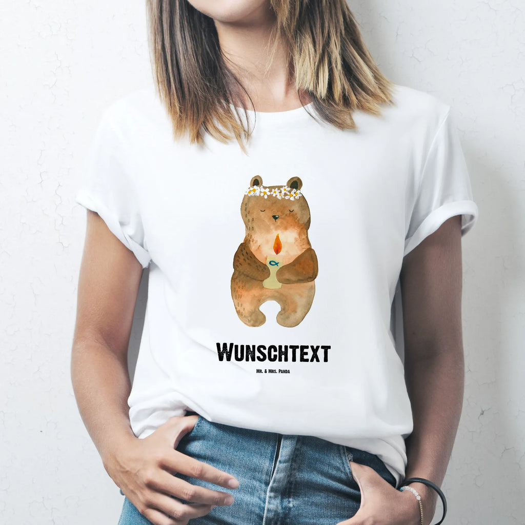 Personalisiertes T-Shirt Bär Kommunion T-Shirt Personalisiert, T-Shirt mit Namen, Frauen, Wunschtext, Männer, T-Shirt mit Aufruck, Bedrucken, Teddybär, Teddy, Bär, Taufkerze, Gottes Segen, katholisch, Kommunion