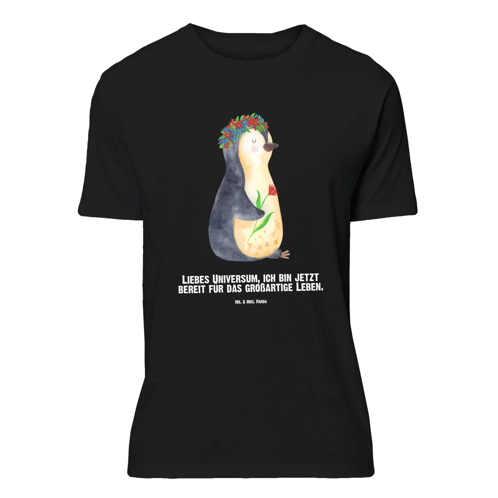 Personalised T-Shirt Penguin Flower T-Shirt mit Namen, Frauen, T-Shirt Personalisiert, Männer, T-Shirt mit Aufruck, Wunschtext, Bedrucken, Pinguin, Liebeskummer, Lebenslust, Motivation, Pinguine, Wünsche, Ziele, Geschenkidee, Lebensziele, Blumenkranz, Leben, Universum