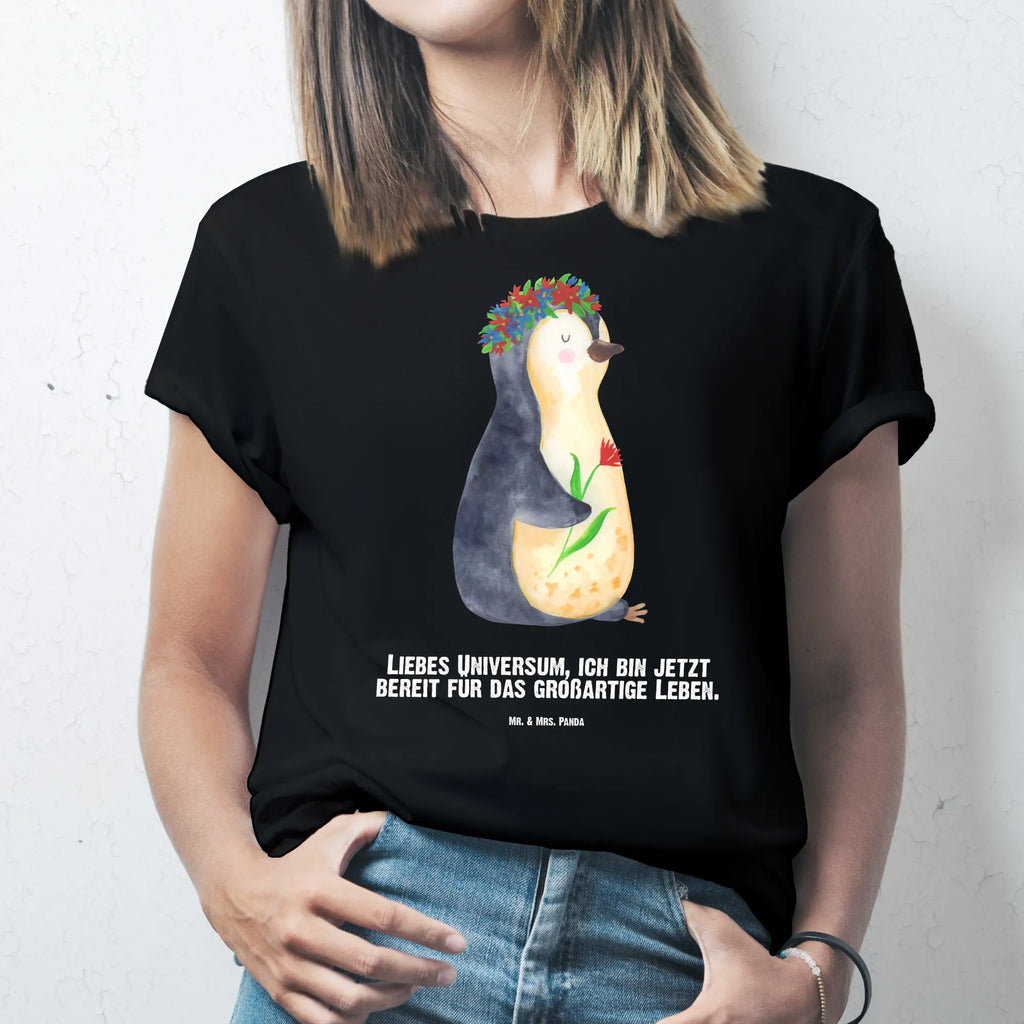 Personalised T-Shirt Penguin Flower T-Shirt mit Namen, Frauen, T-Shirt Personalisiert, Männer, T-Shirt mit Aufruck, Wunschtext, Bedrucken, Pinguin, Liebeskummer, Lebenslust, Motivation, Pinguine, Wünsche, Ziele, Geschenkidee, Lebensziele, Blumenkranz, Leben, Universum