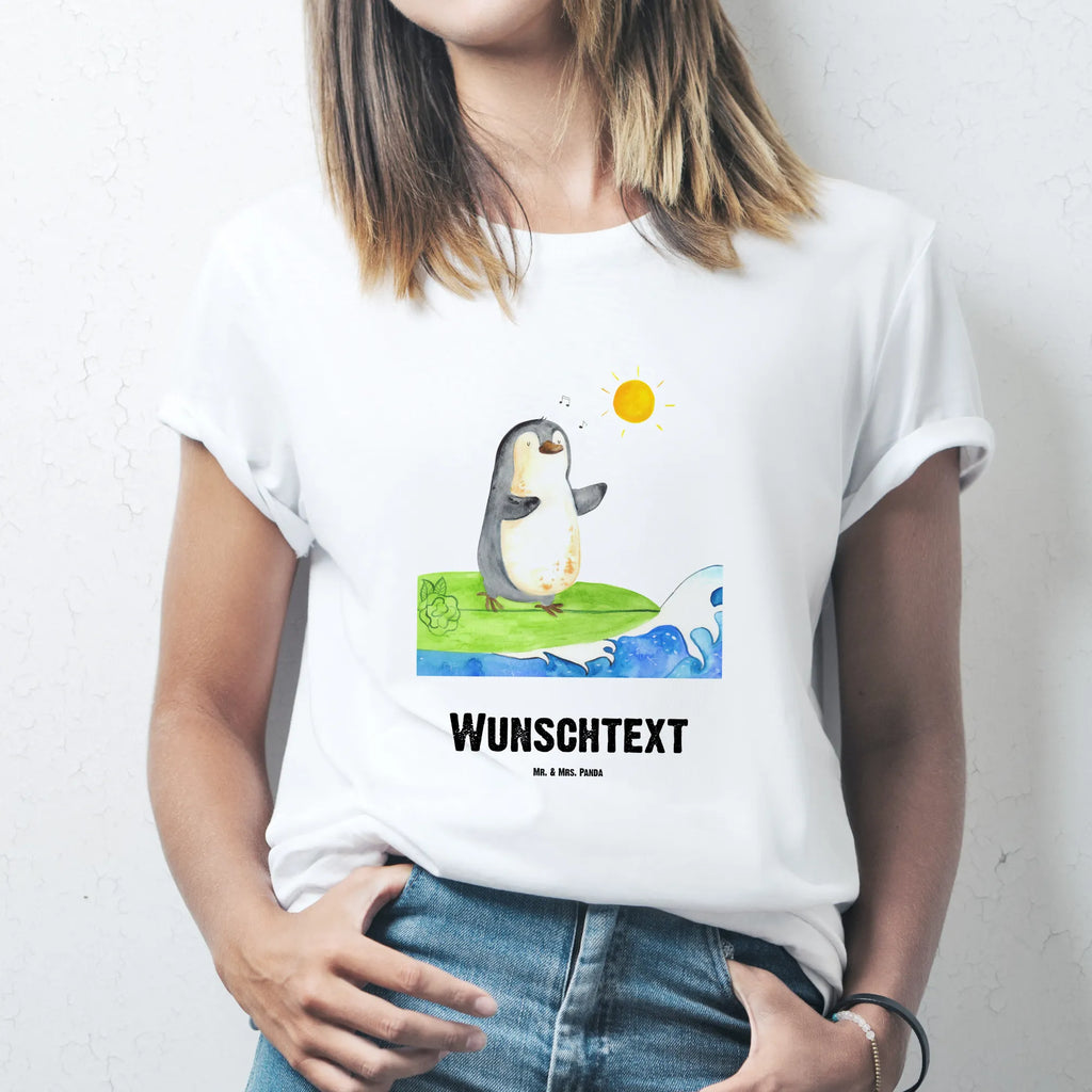 Personalisiertes T-Shirt Pinguin Surfer T-Shirt Personalisiert, Wunschtext, Bedrucken, T-Shirt mit Aufruck, Männer, Frauen, T-Shirt mit Namen, Pinguin, Pinguine, Urlaub, Wellen, Surfer, Portugal, Hawaii, Wellen reiten, surfen