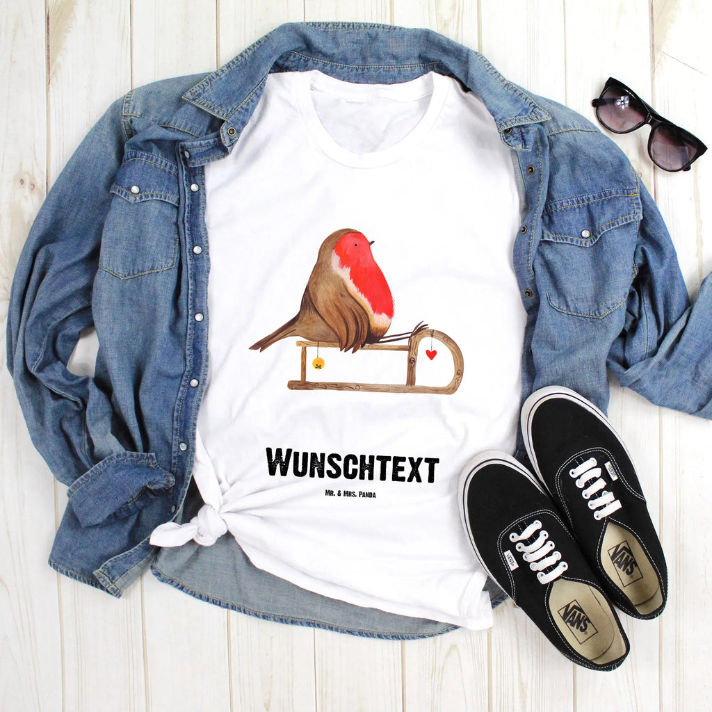 Rozmiar L Personalizowana koszulka rudzik sanki T-Shirt mit Aufruck, T-Shirt Personalisiert, Wunschtext, Bedrucken, T-Shirt mit Namen, Nikolaus, Weihnachtsdeko, Winter, Heiligabend, Advent, Wintermotiv, Weihnachten, Vogel, Schlitten