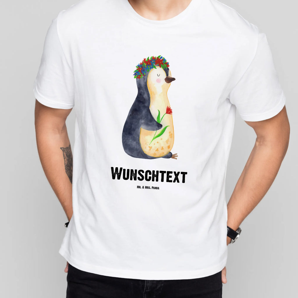 Personalised T-Shirt Penguin Flower T-Shirt mit Namen, Frauen, T-Shirt Personalisiert, Männer, T-Shirt mit Aufruck, Wunschtext, Bedrucken, Pinguin, Liebeskummer, Lebenslust, Motivation, Pinguine, Wünsche, Ziele, Geschenkidee, Lebensziele, Blumenkranz, Leben, Universum