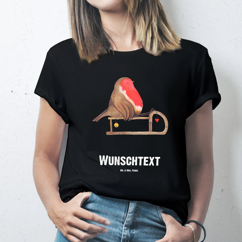 Rozmiar L Personalizowana koszulka rudzik sanki T-Shirt mit Aufruck, T-Shirt Personalisiert, Wunschtext, Bedrucken, T-Shirt mit Namen, Nikolaus, Weihnachtsdeko, Winter, Heiligabend, Advent, Wintermotiv, Weihnachten, Vogel, Schlitten