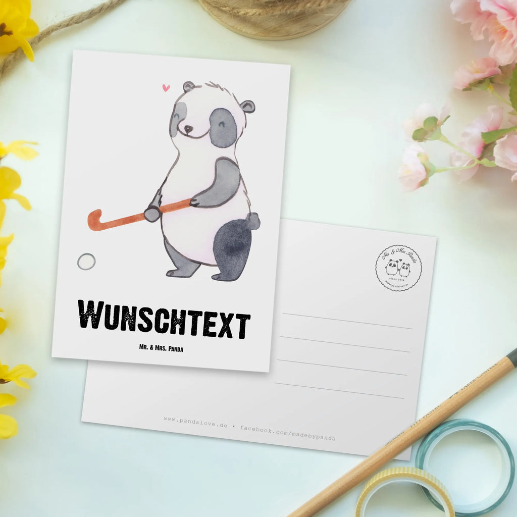 Personalised postcard panda play hockey Gift, sport, hobby, giving, thank you, award, profit, athlete, field hockey, hockey stick, hockey club, Play hockey